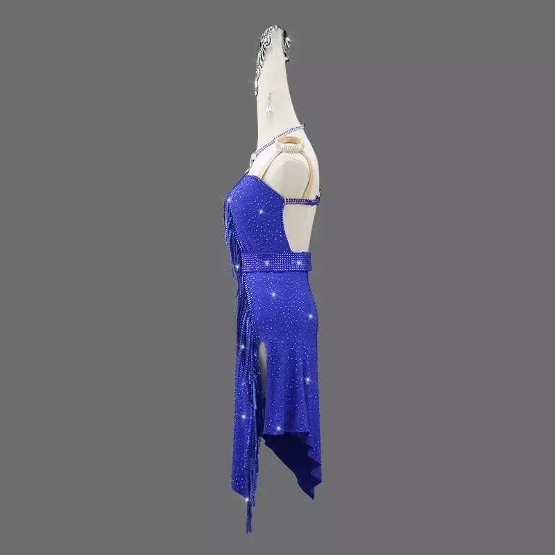 블루 라틴 댄스 대회 원피스, 짧은 스커트 라인 세트, 무도회 연습복, 여성 의류, 무도회 코스튬