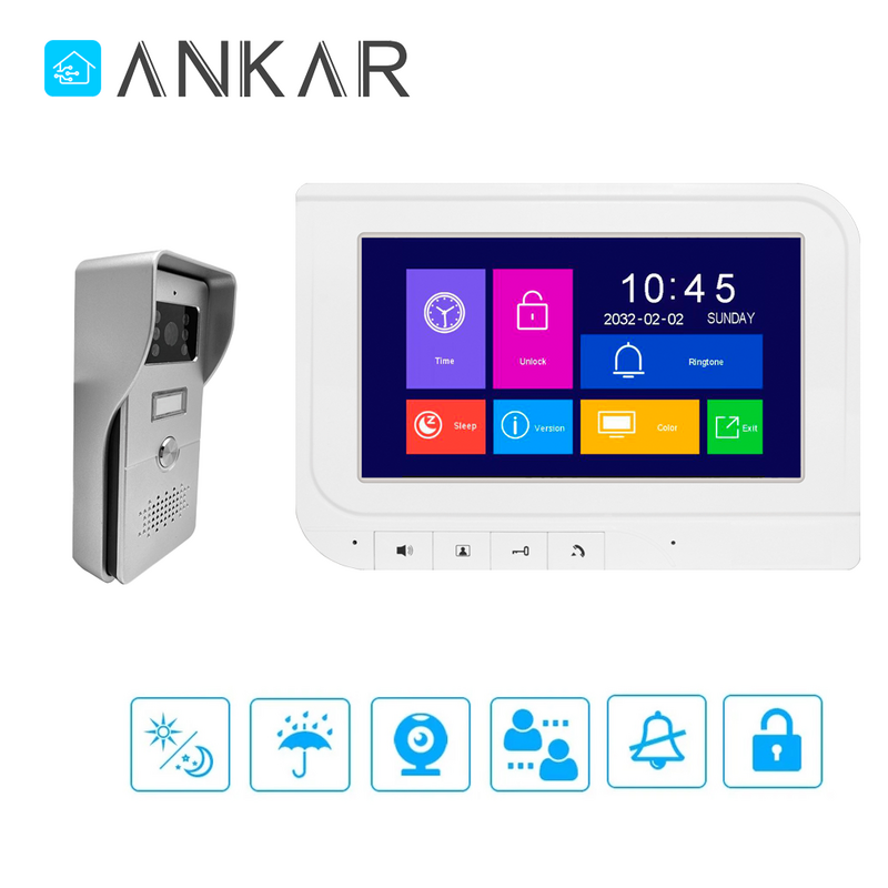Ankartech Analog 4 wire Citofono Residential intercom 7" video door phone system with Rain cover