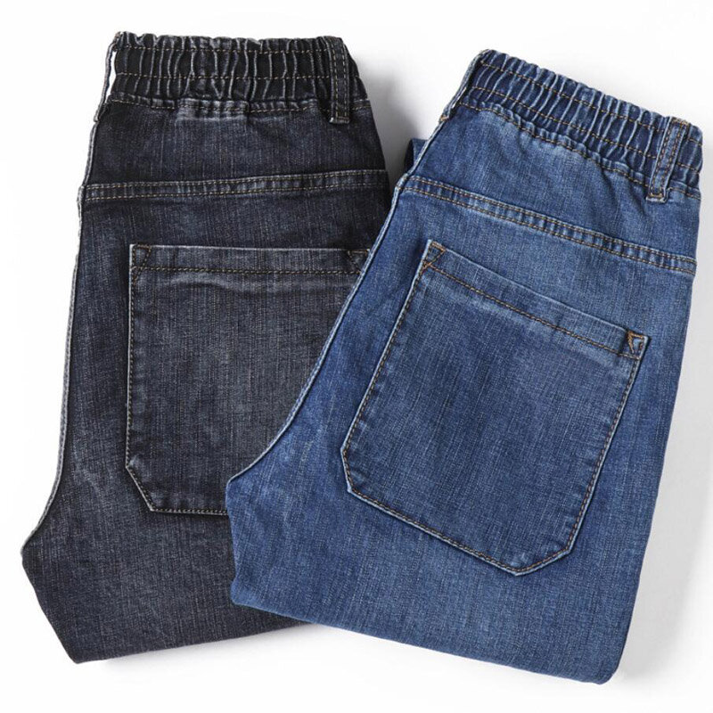 Мужские свободные эластичные джинсы с высокой талией, прямые синие брюки большого размера с эластичным поясом, плюс 150 кг