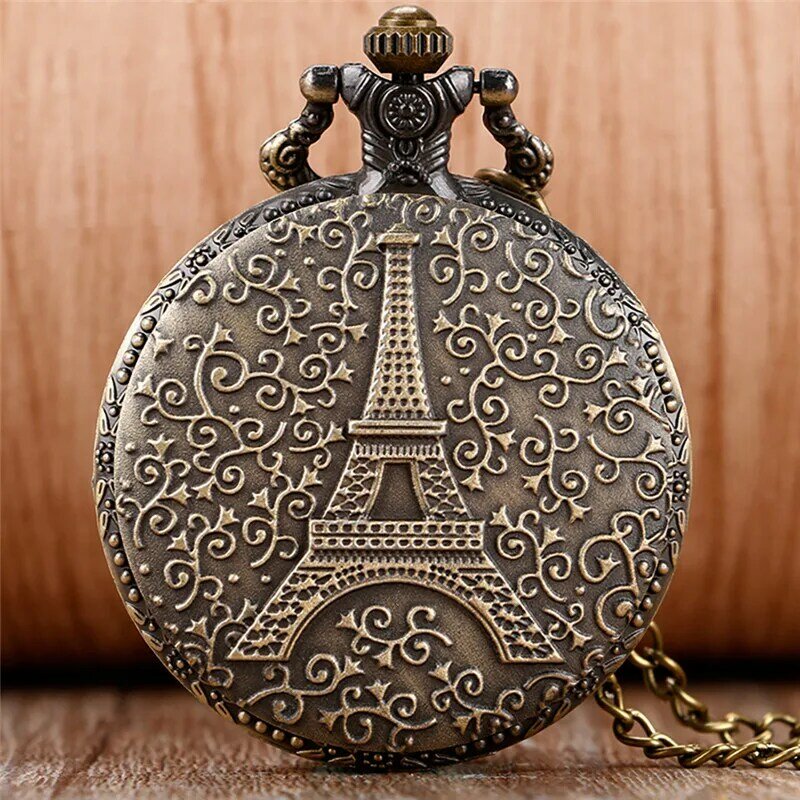 Jam tangan saku Quartz uniseks Menara Eiffel berlubang Antik rantai Sweater koleksi Souvenir jam hadiah untuk pria wanita Souvenir
