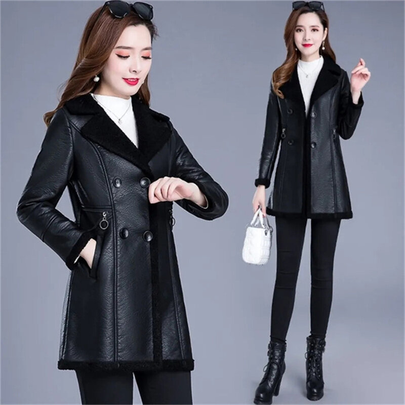 Кожаное женское пальто, зимнее пальто 2022, средней длины, с бархатным утеплителем, облегающие кожаные волосы, кожаная женская куртка