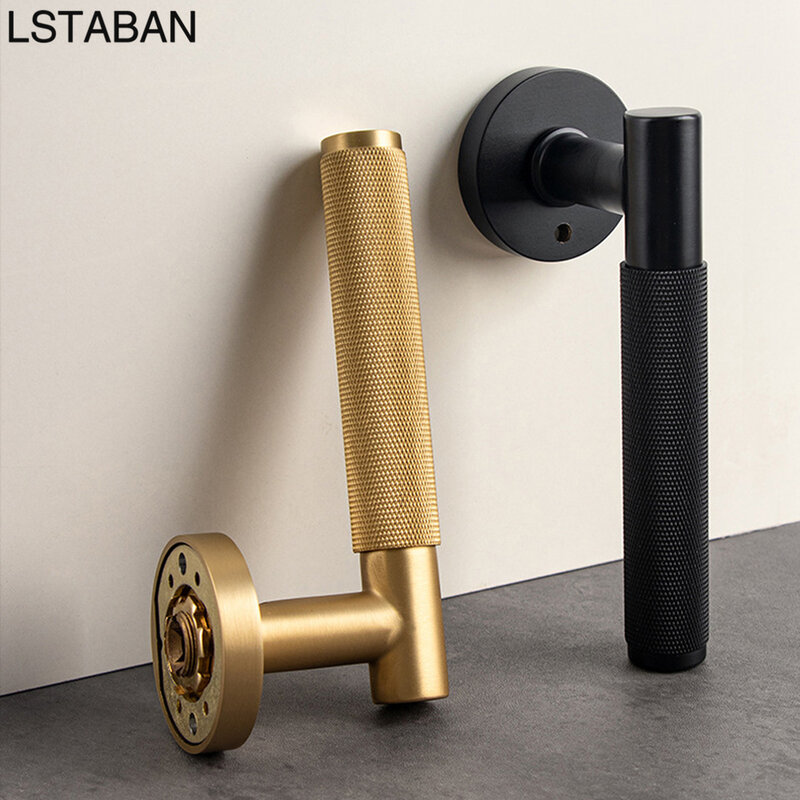 Solid Brass Split Lock Door Lever Set Knurled Privacy Passage Lock Pure Copper Indoor Bathroom Mechanical Lock Hardware Knobs