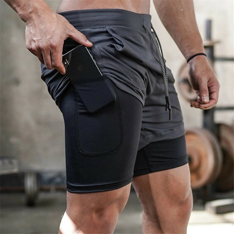 Pantalones cortos deportivos de camuflaje para hombre, 2 en 1, de doble cubierta, secado rápido, para gimnasio, Fitness, trotar, entrenamiento, 2023