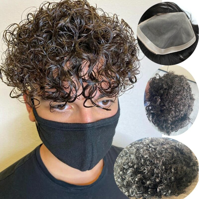 Cool Man Brown #4 15mm Curly Men Human Hair Toupee Durable Fine Mono PU Base Man Hair Prothesis System Hairpieces Natural Look