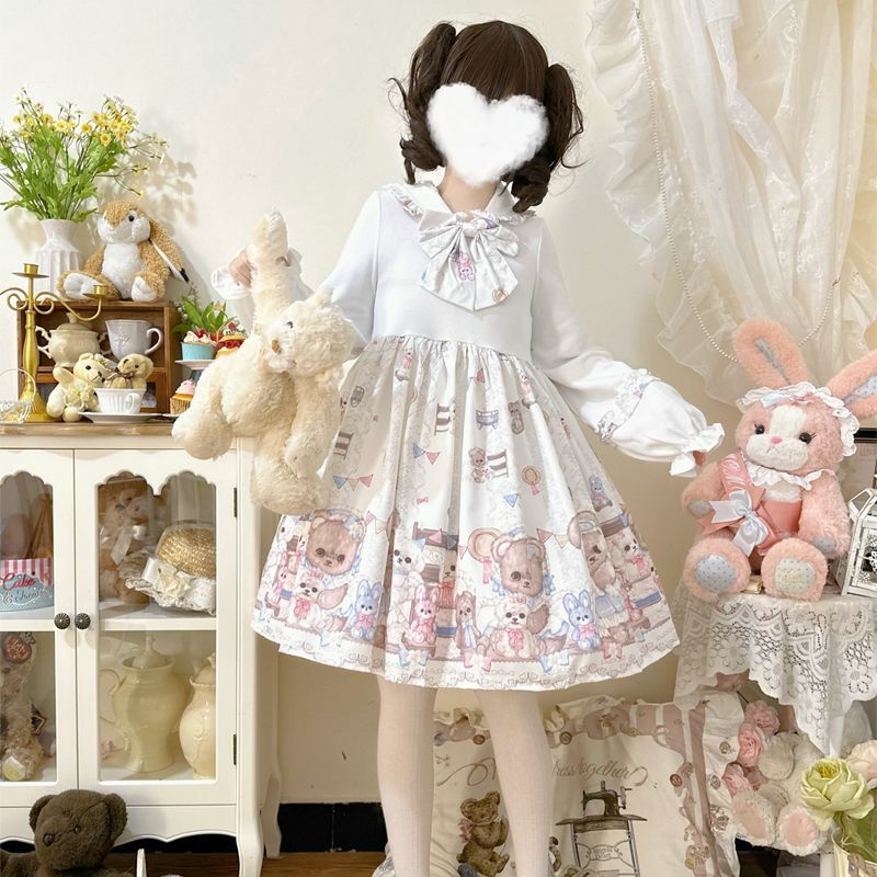 Cartoon Cute Print Lolita Dress Girls Vintage Sweet Dream Bowknot Party Op Dress Women Harajuku Long Sleeve Dresses