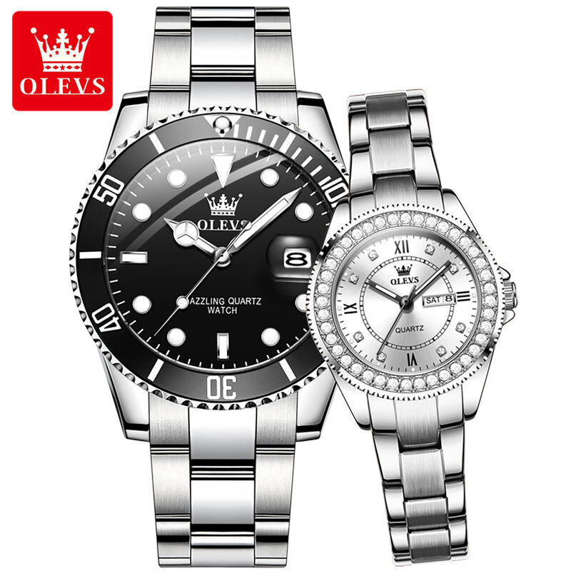 OLEVS นาฬิกาคู่แฟชั่นใหม่เอี่ยมสแตนเลสสตีลกันน้ำปฏิทินนาฬิกาข้อมือควอตซ์สุดหรูคู่รัก
