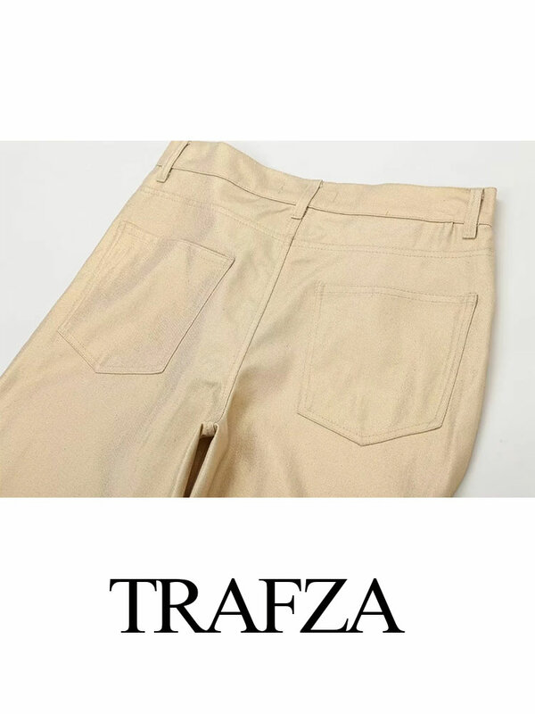 TRAFZA Women's Loose Wide-leg Pants Fashionable Khaki High Waist Pocket Decorated Women's Zipper Pants Summer Retro Street Pants