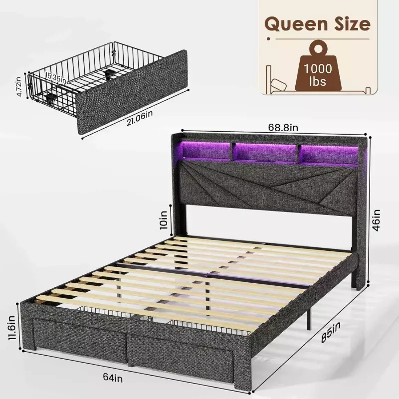 Marco de cama de matrimonio LED con 2 cajones de almacenamiento, cabecero de tamaño tapizado y estación de carga, sin resorte de caja