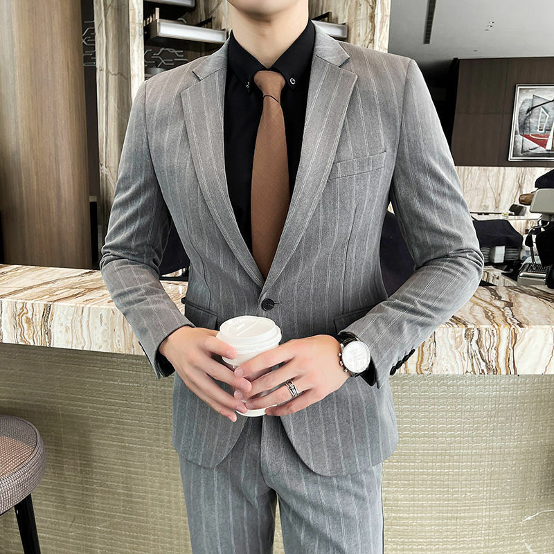 2022 New Arrival Men Two Piece Set Striped Suit Male Fashion Slim Fit Solid Color Business Casual Korea Style Blazer H307