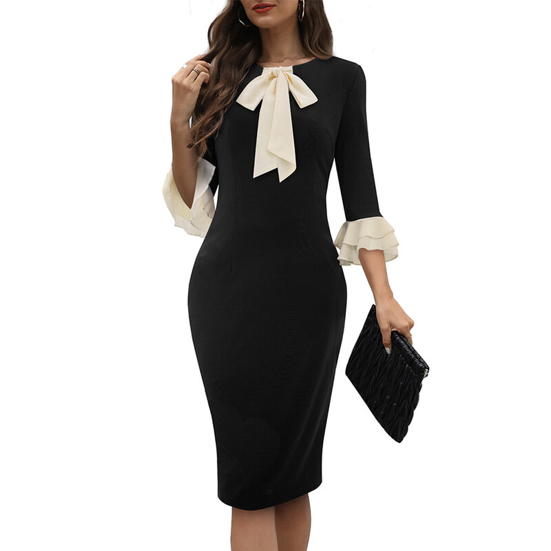 Womens Elegant Formal Pencil Dress for Office Work OL Cocktail Party Dress with Ruffled Sleeves and Knee Length