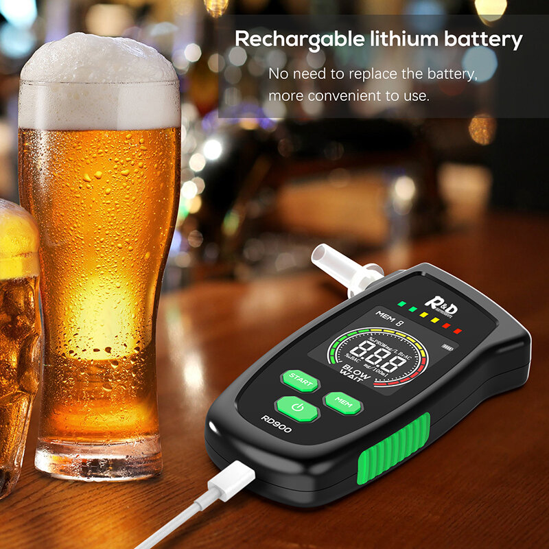 R&D RD900 Alcohol Tester Rechargeable Digital Breath Tester Breathalyzer Gas Alcohol Detector for Personal & Professional Use