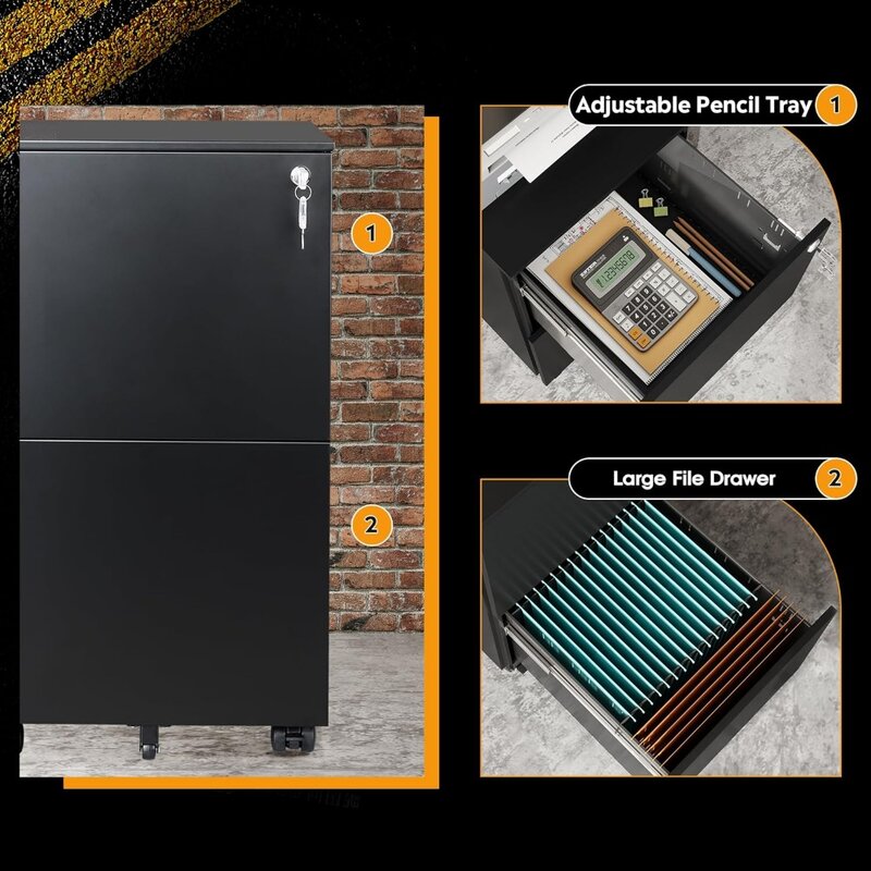 DEVAISE-armário de arquivo móvel com trava, 2 gavetas, armário vertical comercial, preto