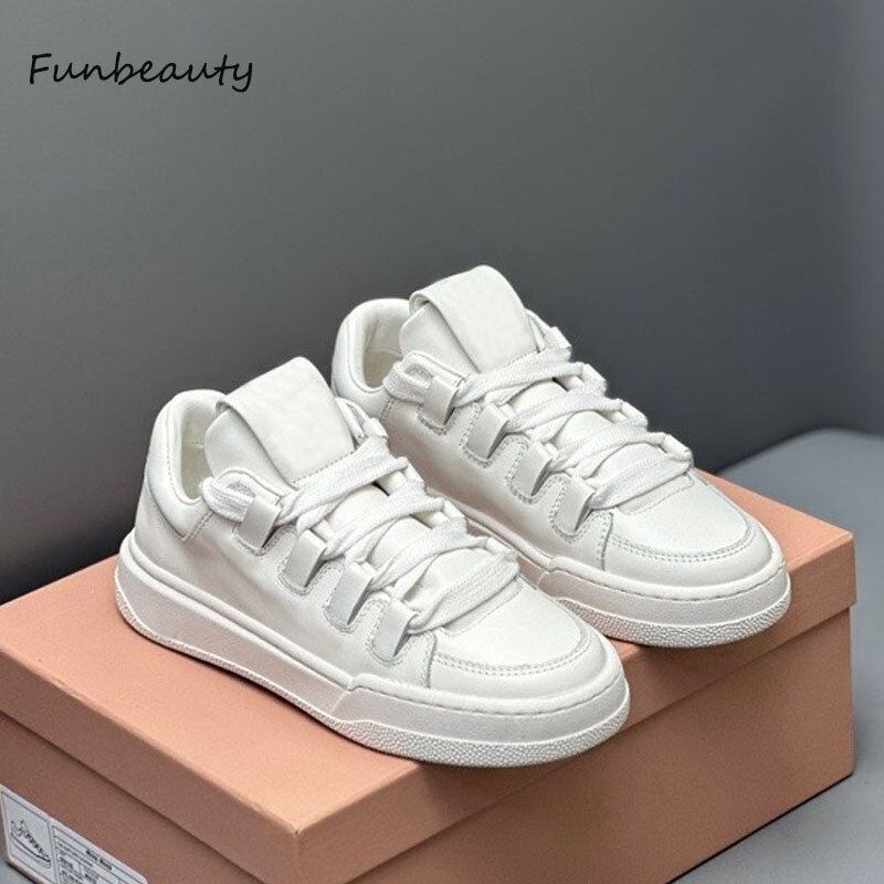 2024 High Quality Genuine Leather Women's Sneakers Thick Soled Sport Shoes Casual Shoes White Shoes Simple Cute Ladies Shoes