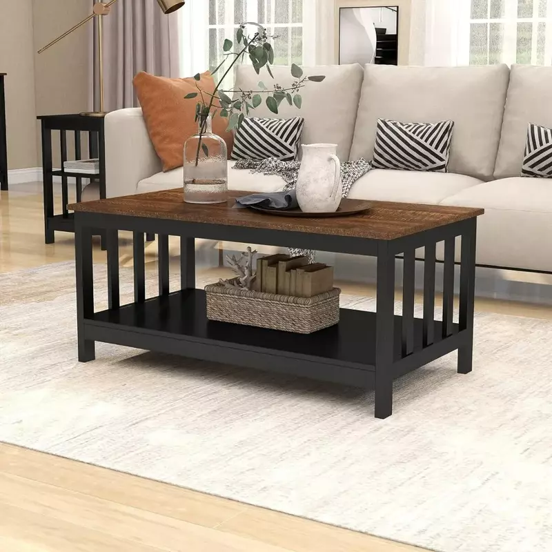 Farmhouse Coffee Table, Black Living Room Table with Shelf, 40 Inch