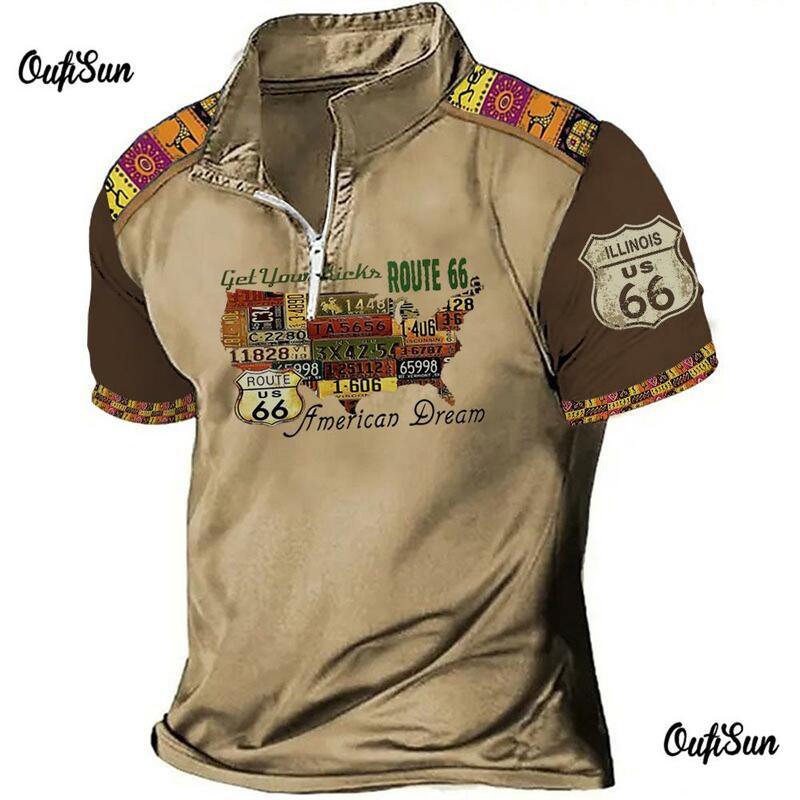 Vintage Poloshirt Voor Mannen 3d Map Print Golf T-Shirt Motorfiets Zip Polo T-Shirt Zomer Snel Drogen Oversized Mannen Kleding Tops