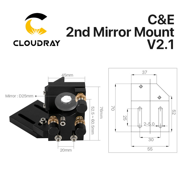 Cloudray CO2 Black Second Laser Mount Mirror 25mm Mirror Mount Integrative Mount For Lase Engraving Machine
