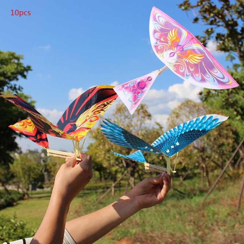 Q0KB 10Pcs Elastic Rubber Band Powered Flying Birds Funny Kids Toy Gift Outdoor