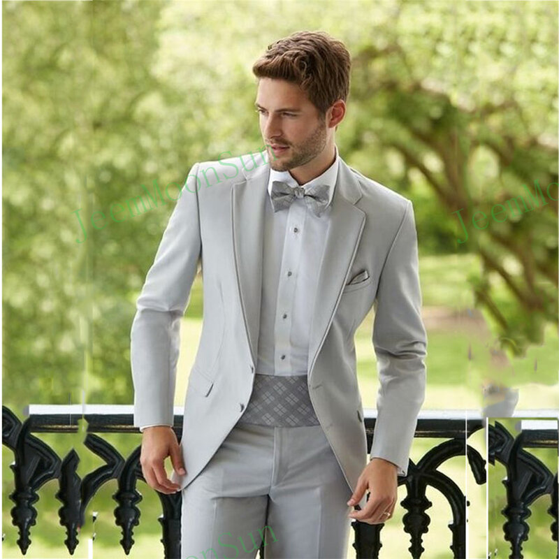2023 New Silver Male Suits Slim Fit Notched Lapel Groom Wear Business Custom 2 Pieces Suit Set (Blazer+Pants+Vest) Costume Homme