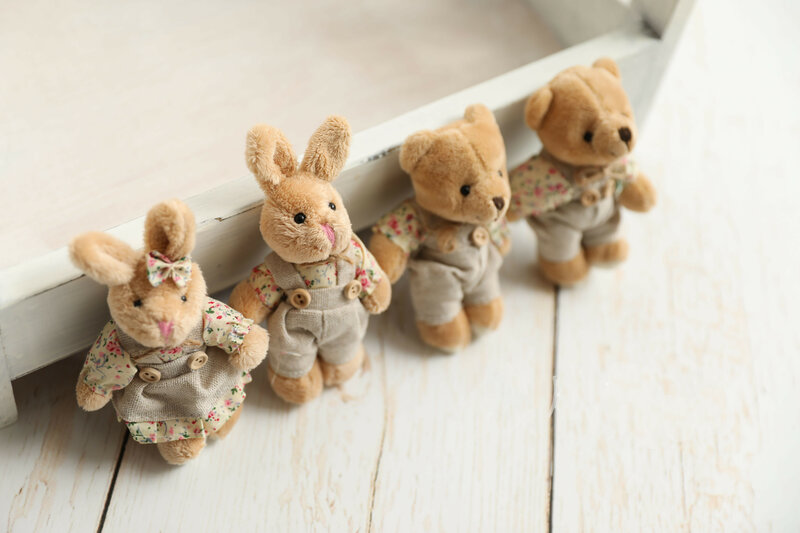 Fotografia recém-nascido adereços coelho brinquedo de pelúcia boneca de linho pés longos mini tigre casal coelho e urso mini adereços foto do bebê brinquedo