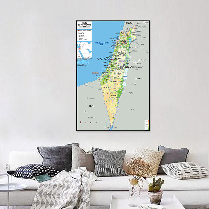 O mapa de israel em inglês 60*90cm arte da parede poster pintura em tela 2010 versão impressão casa decoração escolar material de ensino