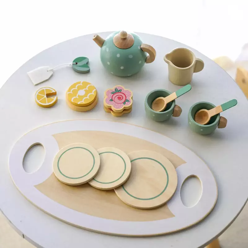 Vajilla de fiesta de té, juguete artesanal de madera, juego de simulación de cocina para niños pequeños, regalo de cumpleaños, Juguetes