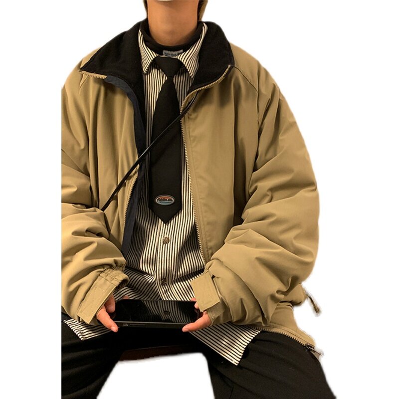 Japanese Cotton Coat Men Harajuku Solid Color Stand-up Collar Parka Street Winter Loose Cotton Jacket Casual for Male L15