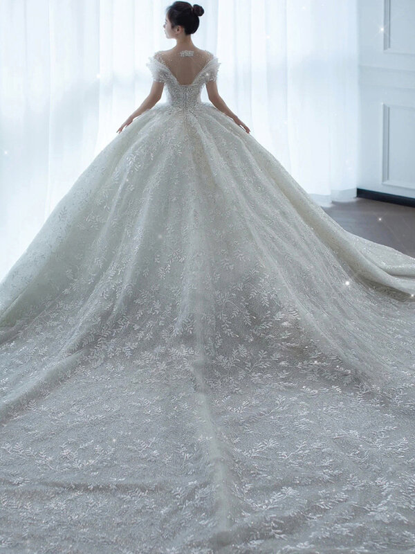 D120 2024 księżniczka seksowna luksusowy kryształ ozdobiony paciorkami ślubny suknia Puff tiulowa biała suknia ślubna prosta suknia dla panny młodej kobiet