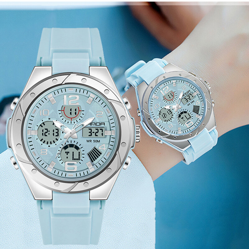 นาฬิกาสะท้อนแสงแสดงผลคู่สำหรับผู้หญิงนาฬิกาข้อมือควอตซ์ดิจิทัลแฟชั่นหรูหราผู้หญิงมีแบรนด์แนวสปอร์ต