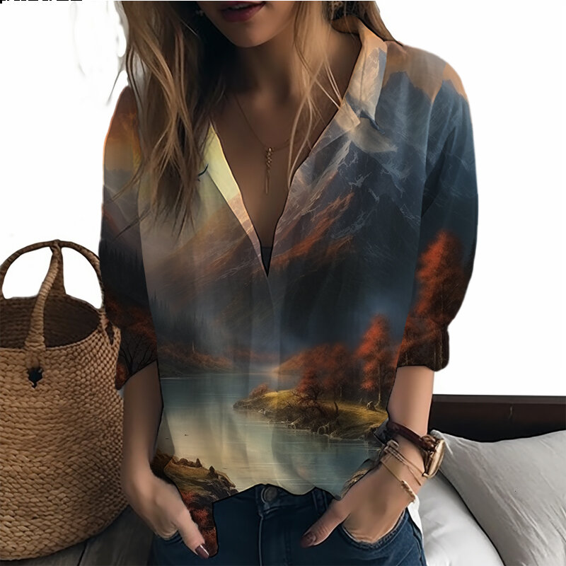 Camisa con estampado 3D de paisaje para mujer, camisa holgada informal, estilo de vacaciones, tendencia de moda, novedad de verano