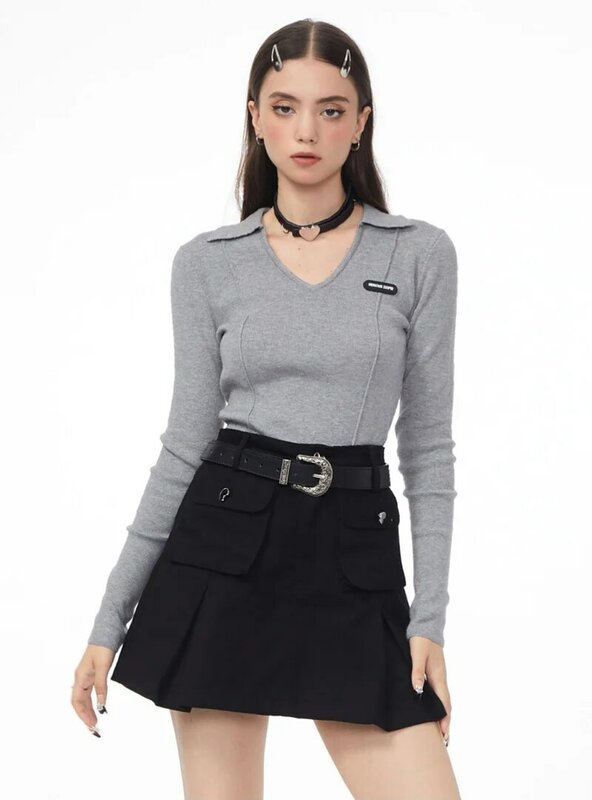 Women Open Collar Long Sleeve Knit Jumper With Stitching Seam