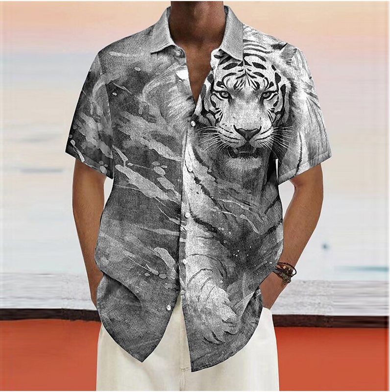 Camisa Masculina de Botão Flip Manga Curta, Estampada Tigre Animal, Festa de Rua Legal, Plus Size, Moda, Luxo, s-6XL