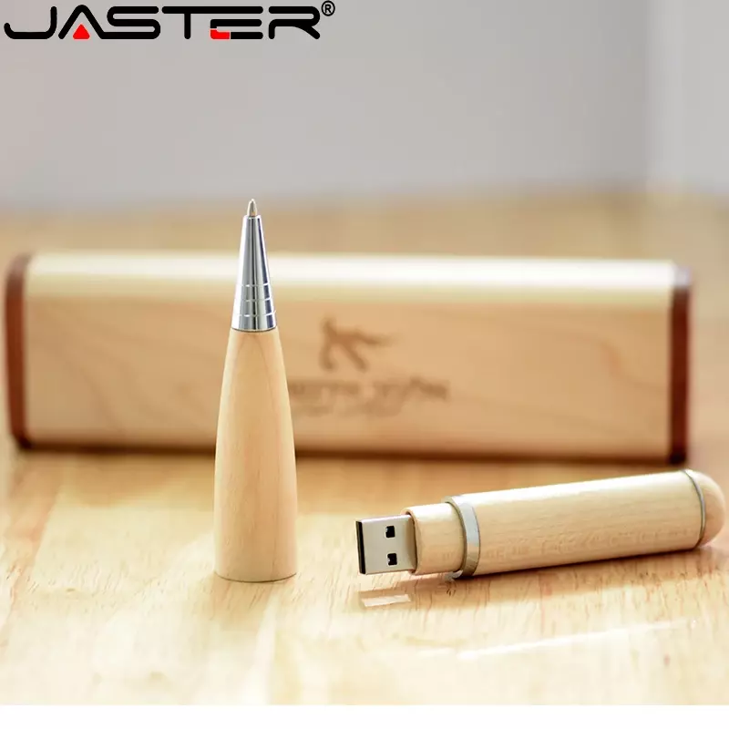 JASTER-Creative Wooden USB Drive com Caixa, Caneta-tinteiro, USB Flash Drive, Logotipo Livre, USB 2.0, Pendrive, 16GB, 32GB, 64GB, 128GB, Venda Quente
