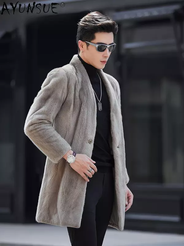 AYUNSUE Real Mink Fur Coats Men's Winter Jackets 2023 High-end Natural Fur Coat V-neck Mink Jacket Mid-length Outwear Jaqueta