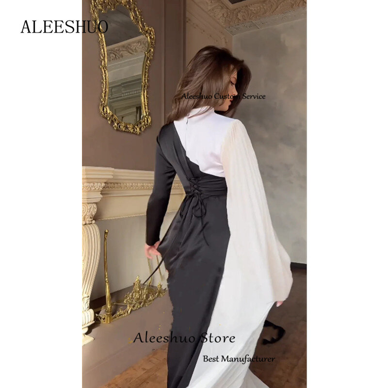 Aleeshuo Muslim Elegant Long A-Line Prom Gowns Contrast Color Evening Dresses Pleated O-Neck Floor-Length Party Robe de soirée
