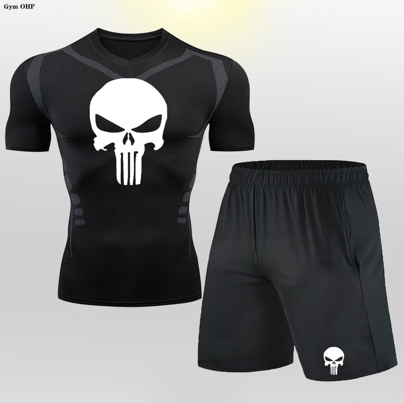 Anime Skull Rashgard pria set kaus celana pendek kaus kompresi Tracksuit pendek pakaian olahraga kebugaran lari latihan Gym pria
