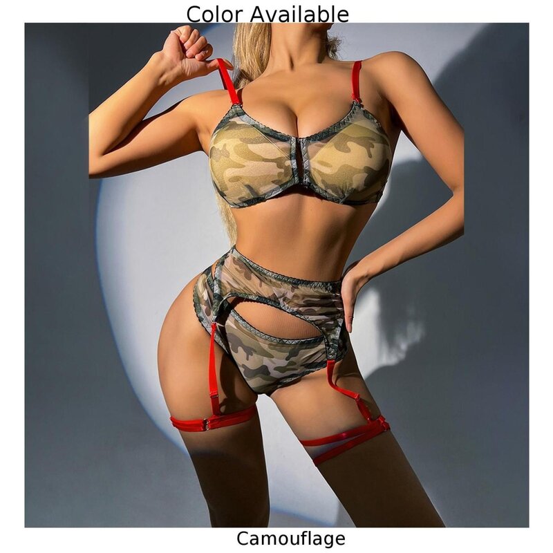 Sexy Lingeries Voor Dames Set Kanten Camouflage Bh String Pak Nachtkleding Erotische Lingerie Ondergoed Doorzichtig Nachtkleding Clubkleding