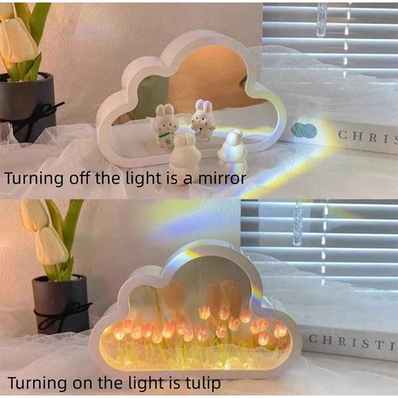 Cloud-Mirror Night Light Handmade DIY Tulip Girl Living Room Night Light Small Mirror Desktop Light-Emitting Ornaments