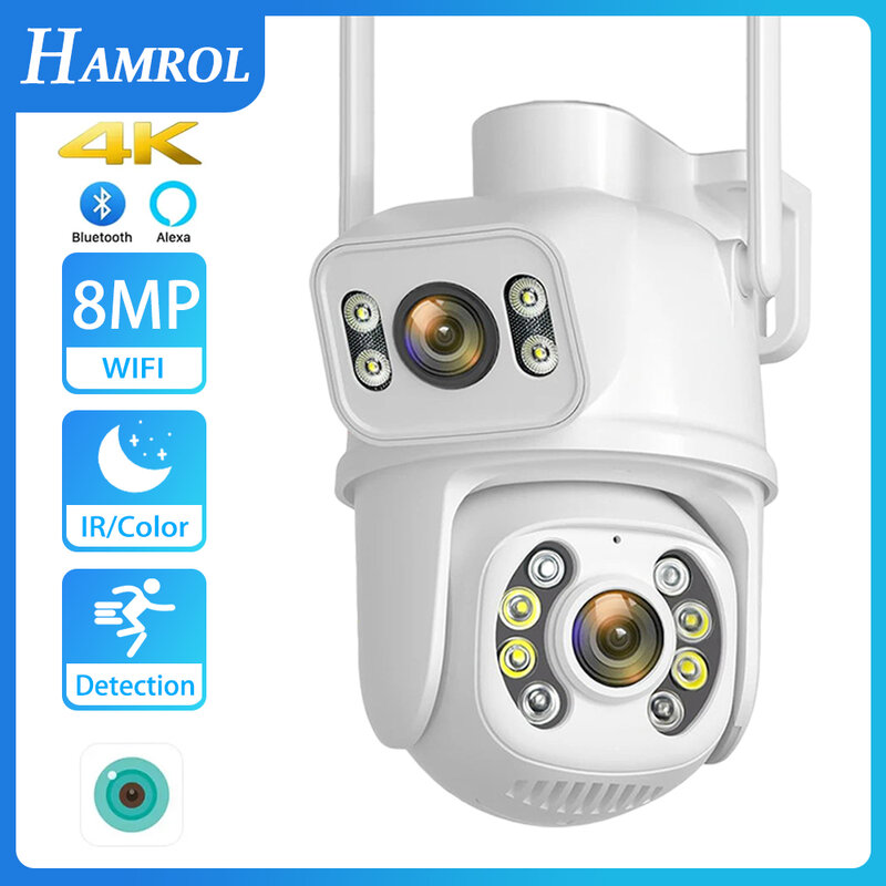HAMROL-cámara PTZ 4K de 8MP, videocámara con Wifi, lente Dual, 2MP, pantalla Dual, visión nocturna, H.265, para exteriores, 4MP, Wifi, vigilancia, aplicación ICSEE
