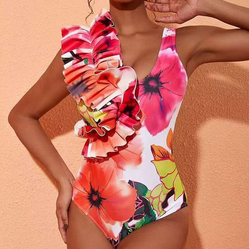 2024 3D Flower One Piece Swimsuit Women Bikini Set Printed Ruffle Swimwear Bandage Swim Suits Brazilian Biquini Bathing Suit