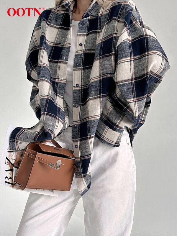 OOTN винтажные клетчатые рубашки с длинным рукавом Женская Осенняя офисная однобортная женская блузка Модный повседневный топ с отложным воротником 2024