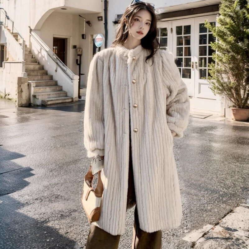 Женское меховое пальто, новое шерстяное интегрированное экологически чистое пальто из искусственного меха норки, длинное воротник-стойка и высококачественное ретро-пальто