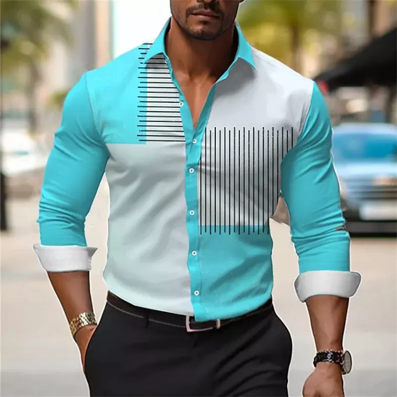 Męska koszula zapinana na guziki casual biznes wiosna i lato duży rozmiar z długimi rękawami w paski z nadrukiem codzienna wakacyjna koszula