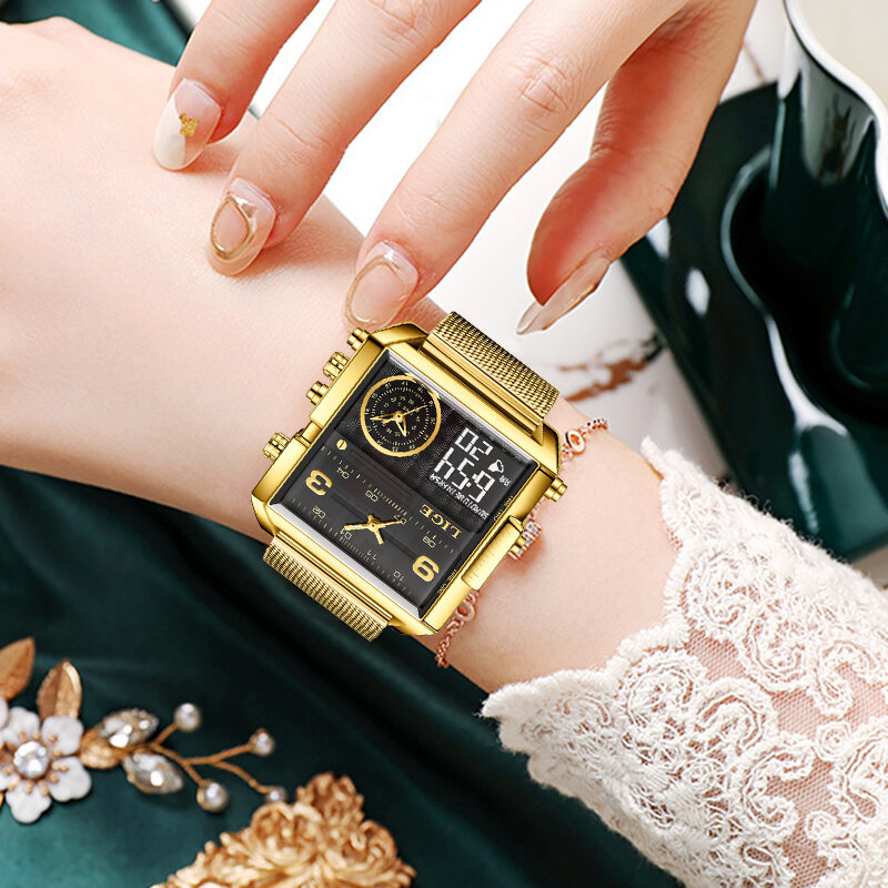 Часы наручные LIGE женские с браслетом из нержавеющей стали, брендовые люксовые, Повседневные Классические золотистые