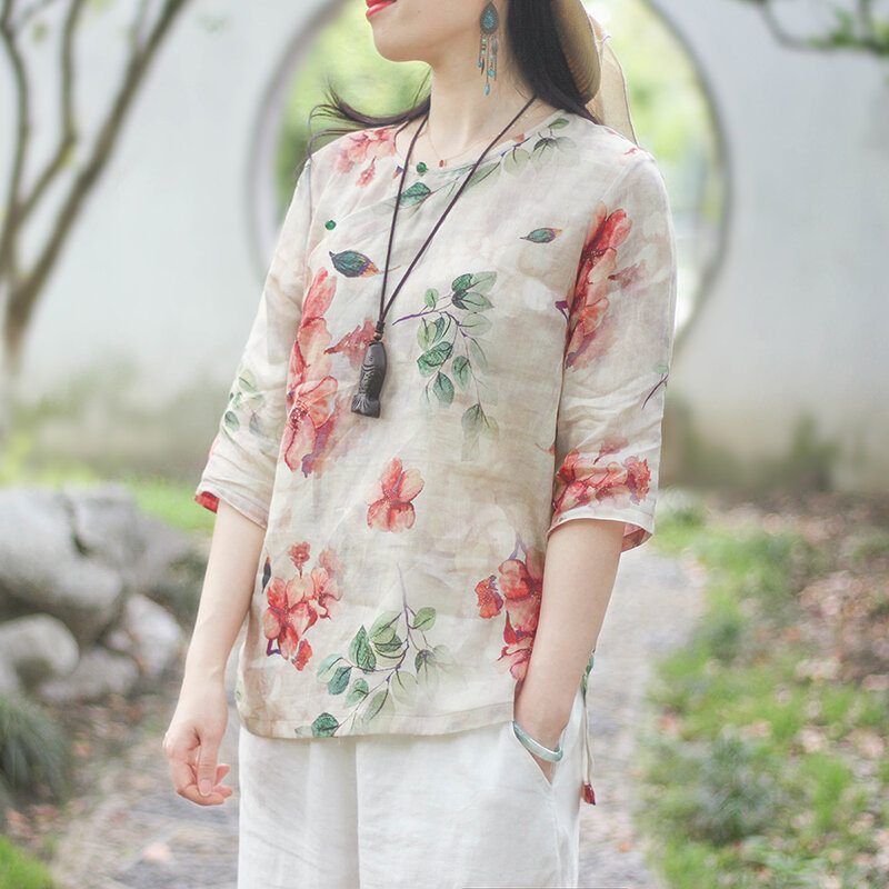 Verão feminino impresso camisa em torno do pescoço algodão e linho vintage floral meia manga casual solto fino camiseta elegante senhora camisa