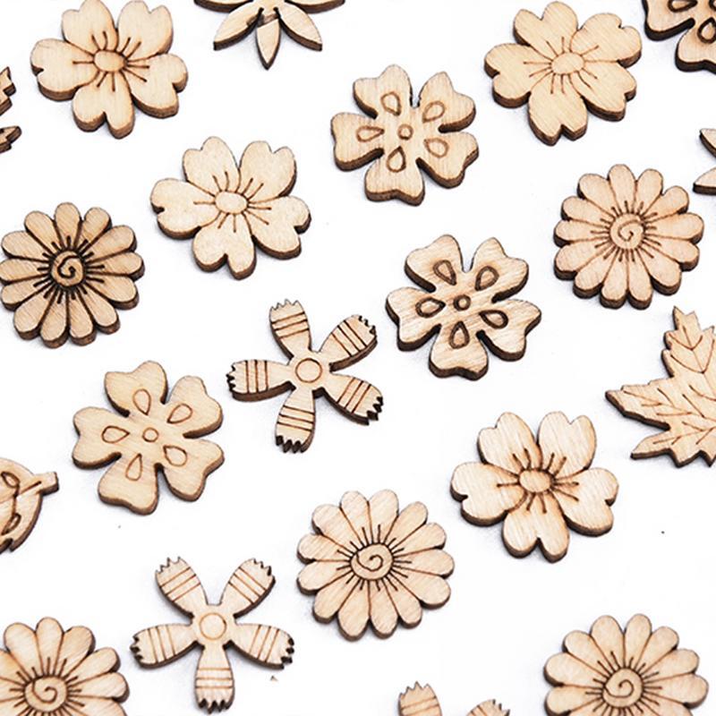 100 Stuks Mini Mix Houten Stukken Creatieve Bloem Bladeren Knipsels Plak Voor Diy Houten Kunst Decoratie Huisfeest Doodle Scrapbooking