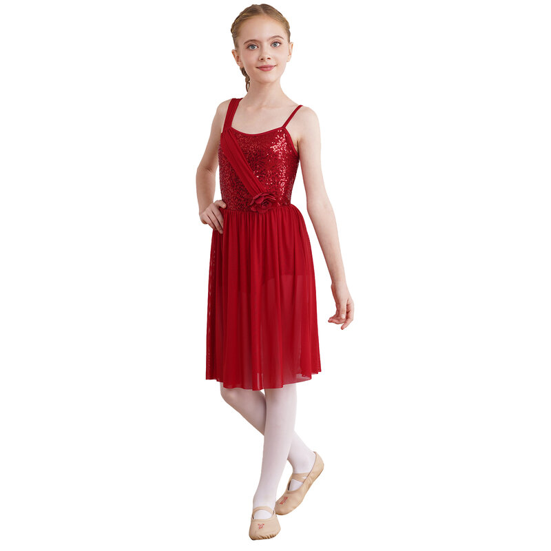 Kids Girls Lyrical Dance Dress Sequins Ballet Gymnastics Leotard Sleeveless Decorative Flower Leotard Dresses Stage Dancewear