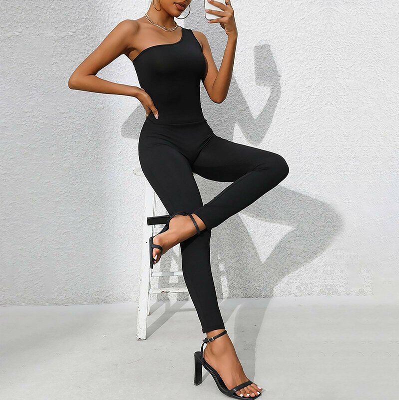 Women'S Summer Jumpsuits Fashion Casual Solid One Shoulder Leggings Jumpsuits Daily All-Match Sports Slim Fit Street Jumpsuits