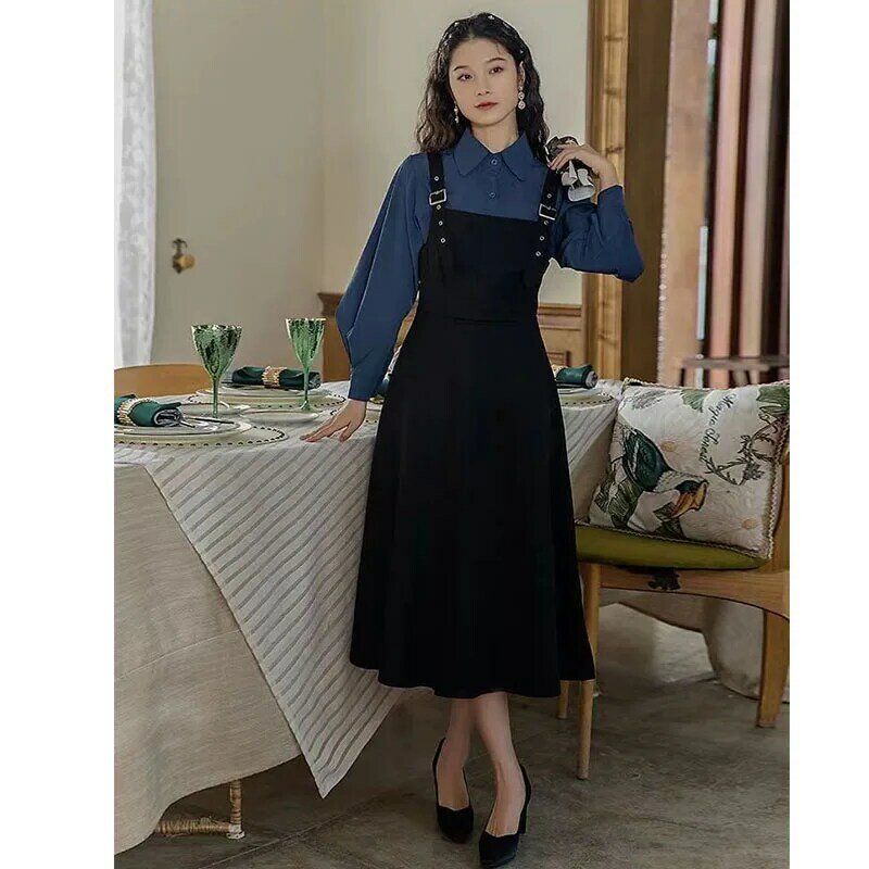 Fall Spring Women Fashion Shirt And Suspender Strap A-Line Dress Bubble Sleeve Tops College Student Clothes Female Party Street