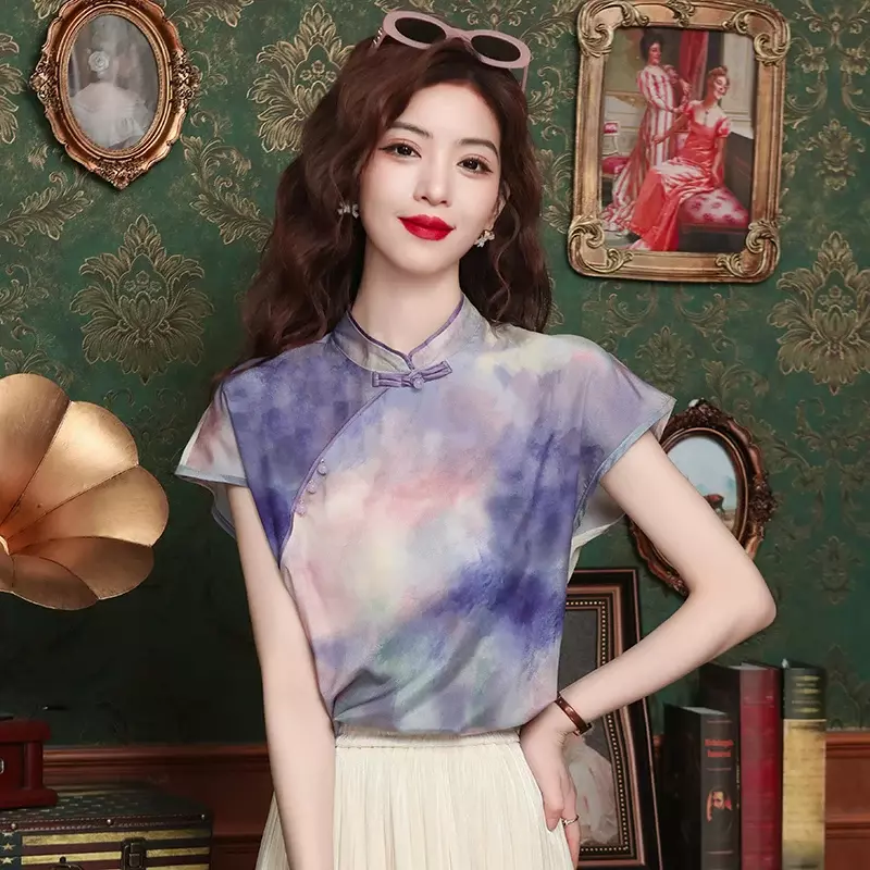 Chiffon Women's Shirt Summer Chinese Style Prints Blouses Loose Fit Sleeveless Vintage Women Tops Fashion Clothing YCMYUNYAN
