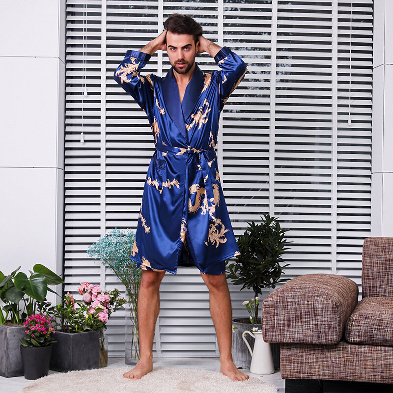 Ropa de dormir de seda para hombre, pijama de manga larga, camisón de verano con estampado, novedad